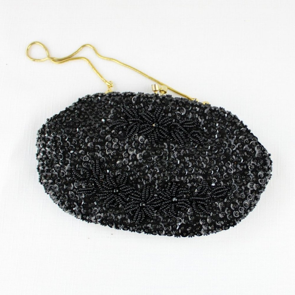 Vintage Black Beaded Purse Kiss Clasp Pouch Purse Frame Serpent Chain Gold PU30